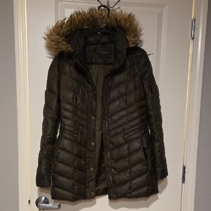 Marc New York Dark Green Puffer Jacket with Faux Fur Hood